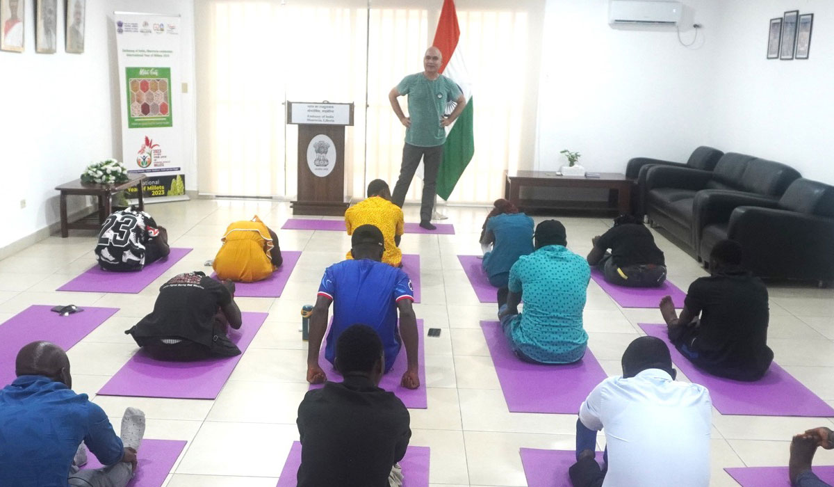 A Yoga session was organized on 01 May 2025 at the Embassy premises for Liberian students
